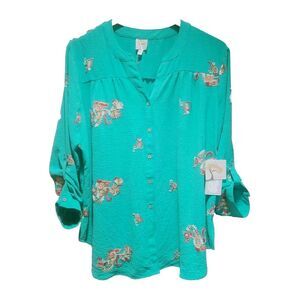 Fig & Flower Anthropologie Top Womens Button Down Blouse Embroidered Teal 3X NWT